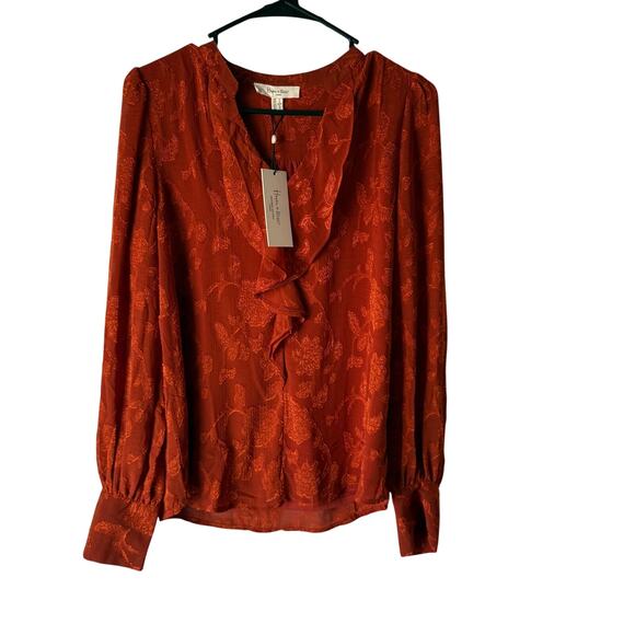 Haver & Blair Burnt Orange‎ Floral Sheer Long Sleeve Blouse Ruffle Front Size S - Picture 1 of 8